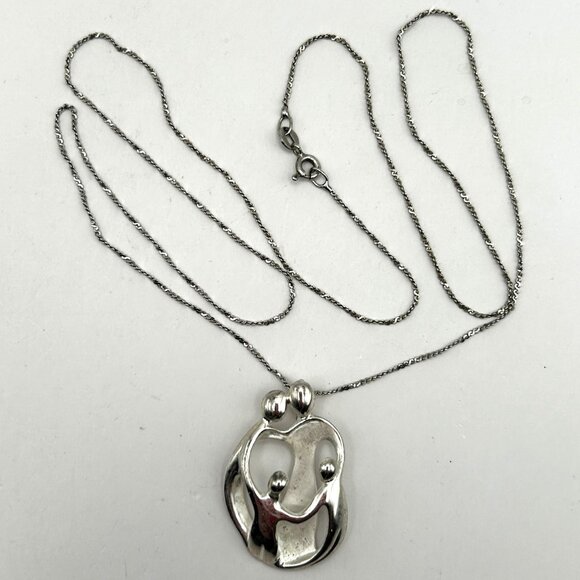 Sterling Silver 925 Family Embrace Pendant Necklace 24” 8g Modern Love Design - Picture 10 of 11